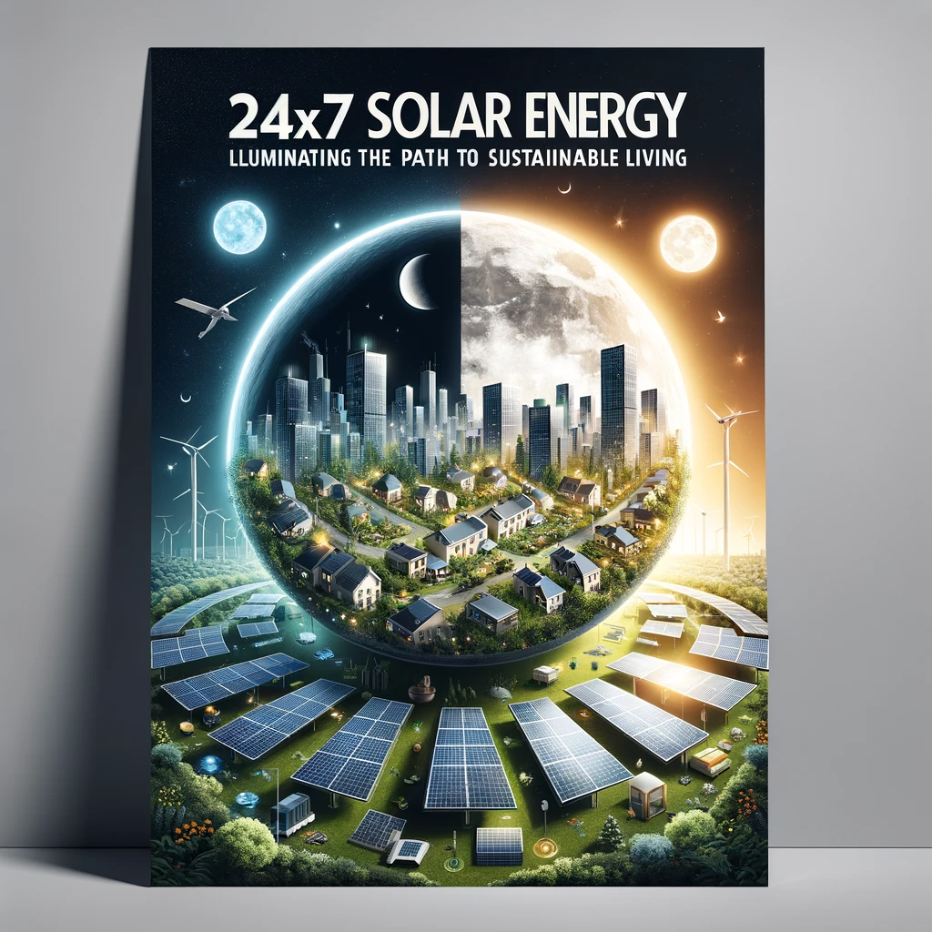 Advertising poster of a cityscape powered by solar energy day and night, titled '24x7 Solar Energy: Illuminating the Path to Sustainable Living'.